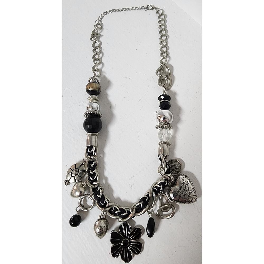 Vintage Charm Necklace w/ Heart Amulet Luke 10:27 & Cross – Unique Design